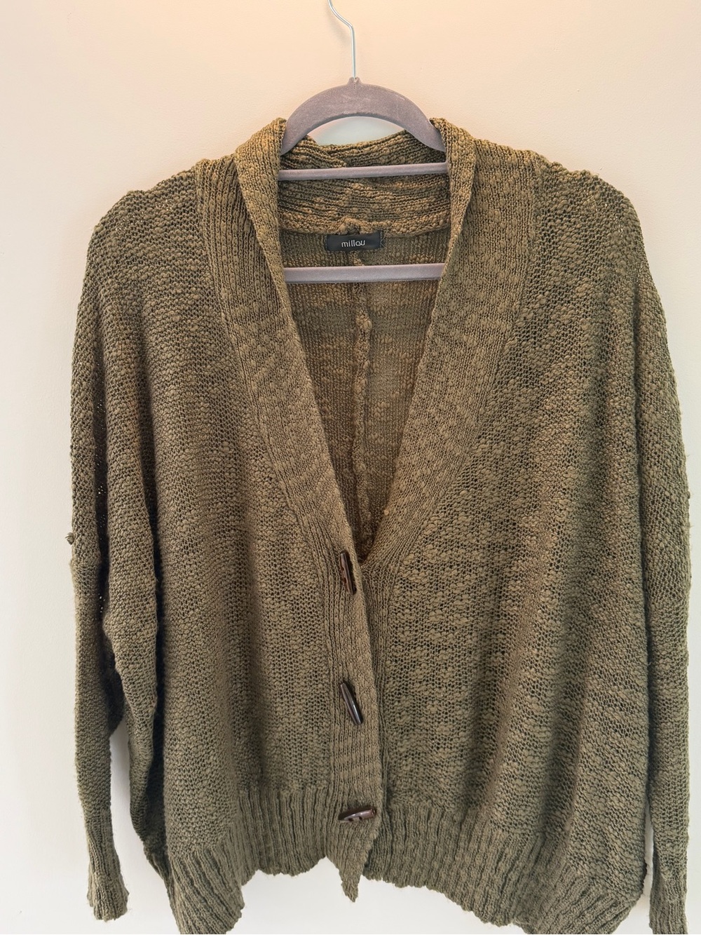 Millau Olive Green Knit Button-Front Women's Cardigan Sweater